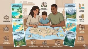 Military family comparing popular duty stations on a map with icons for beaches, mountains, schools, community, outdoor recreation, and PCS planning.