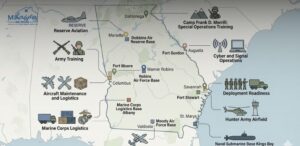 Illustrated map of Georgia showing key military bases with icons for Army training, cyber operations, submarine base, aircraft logistics, air support, reserve aviation, special operations training, and military logistics.