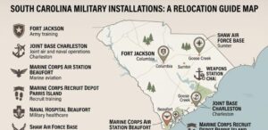 Illustrated map of South Carolina showing Fort Jackson, Joint Base Charleston, Marine Corps Air Station Beaufort, Parris Island, Naval Hospital Beaufort, Naval Weapons Station Charleston, and Shaw Air Force Base.