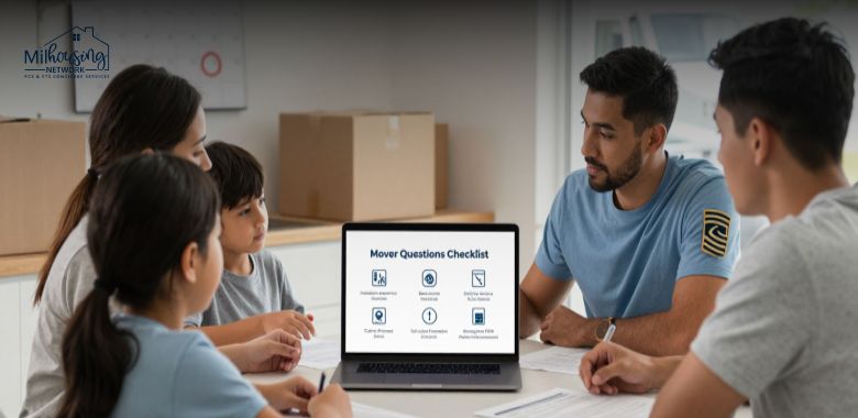 Military family comparing moving company quotes with a PCS mover checklist, moving boxes, calendar, laptop, and relocation paperwork on a table.