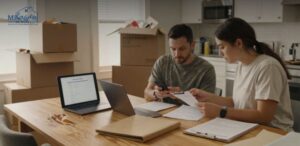 Military family documenting damaged household goods after PCS delivery with photos, inventory sheet, receipts, weight tickets, moving boxes, and claim checklist.