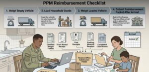 PPM reimbursement checklist showing empty and loaded weight tickets, moving receipts, claim forms, finance submission folder, PCS orders, laptop, calendar, and moving boxes.
