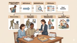 MEB and PEB medical separation process flow showing referral, NARSUM review, PEB decision, disability outcomes, paperwork, calendar, and military family support.