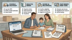 Military family organizing a 60-day PCS action plan with DPS scheduling, PCS binder, VA loan pre-approval checklist, remote home tour notes, calendar, and moving boxes.