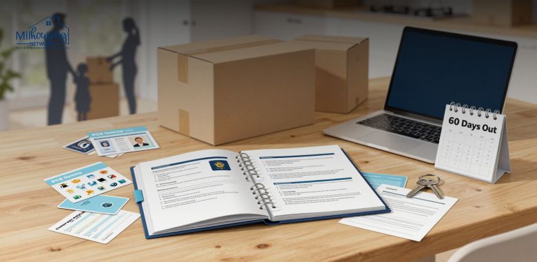 Organized PCS binder with military move documents, checklist tabs, moving boxes, and family relocation supplies on a table.