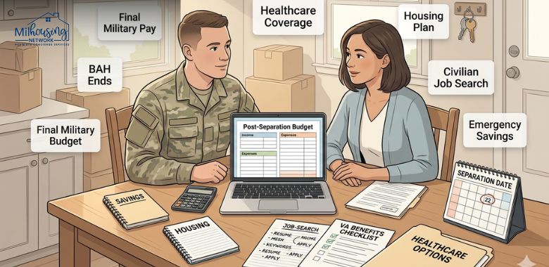 Transitioning military family reviewing a post-separation budget with final pay, BAH ending, healthcare, housing, job search, savings, calendar, and moving boxes.