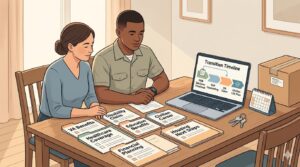 Service member and spouse organizing a medical separation transition plan with VA benefits, disability claim, healthcare, civilian career, education, housing, and financial planning folders.