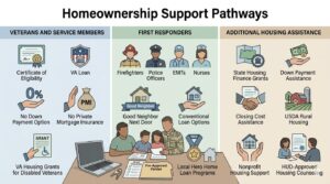 Infographic showing home loan and housing assistance pathways for veterans and first responders, including VA loans, Good Neighbor Next Door, FHA loans, state grants, USDA housing, nonprofit support, and housing counseling.
