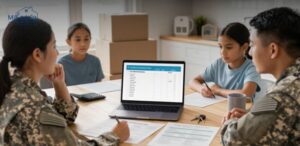 Military family comparing on-base housing and off-base rental options with BAH budget notes, rental listings, calculator, house keys, laptop, and moving boxes.