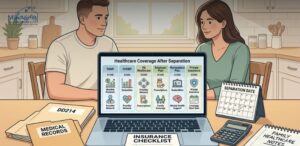 Transitioning military family comparing TAMP, CHCBP, VA healthcare, employer insurance, Marketplace plans, and private insurance with medical records, DD214 folder, calendar, and healthcare checklist.