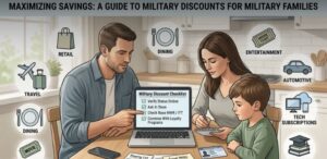 Military family reviewing a discount checklist with military ID, laptop, budget notebook, shopping list, travel notes, and icons for retail, travel, dining, entertainment, tech, auto, and education savings.