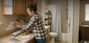 Older military housing kitchen and bathroom refresh with peel-and-stick backsplash, adhesive cabinet hardware, organizers, shower curtain, over-the-toilet shelf, hanging caddy, and storage baskets.