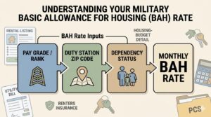 Infographic showing BAH rate inputs with pay grade, duty station ZIP code, dependency status, monthly BAH rate, rental listing, utilities, renters insurance, calculator, and house keys.