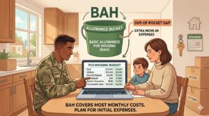 Military family reviewing a BAH housing budget with rent, utilities, deposits, renter’s insurance, moving boxes, and PCS housing paperwork on a table.