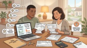 Military family comparing LES and W-2 tax documents with BAH, OHA, BAS, DLA, Family Separation Housing, and CONUS COLA tax status labels.