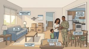 Military family reviewing a loaner furniture checklist in unfurnished base housing with appliances, moving boxes, PCS paperwork, and household goods in transit calendar.