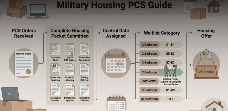 Military housing application flow showing PCS orders, DD Form 1746, supporting documents, control date assignment, waitlist category, and housing offer.