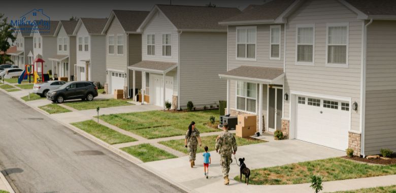 On-base military family housing neighborhood with townhomes, small yards, playground, moving boxes, and a family arriving after a PCS move.
