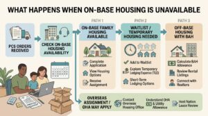 Military family reviewing PCS housing options with decision flow for on-base housing, waitlist, temporary housing, off-base BAH, overseas OHA, rental listings, calendar, and moving boxes.