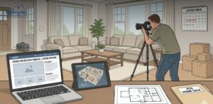PCS home listing preparation with photographer, 3D virtual tour tablet, floor plan diagram, drone case, moving boxes, and market-ready living room.
