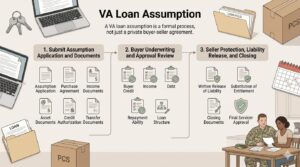 VA loan assumption process infographic showing application documents, buyer underwriting, credit and income review, release of liability, substitution of entitlement, closing paperwork, and PCS homebuying details.